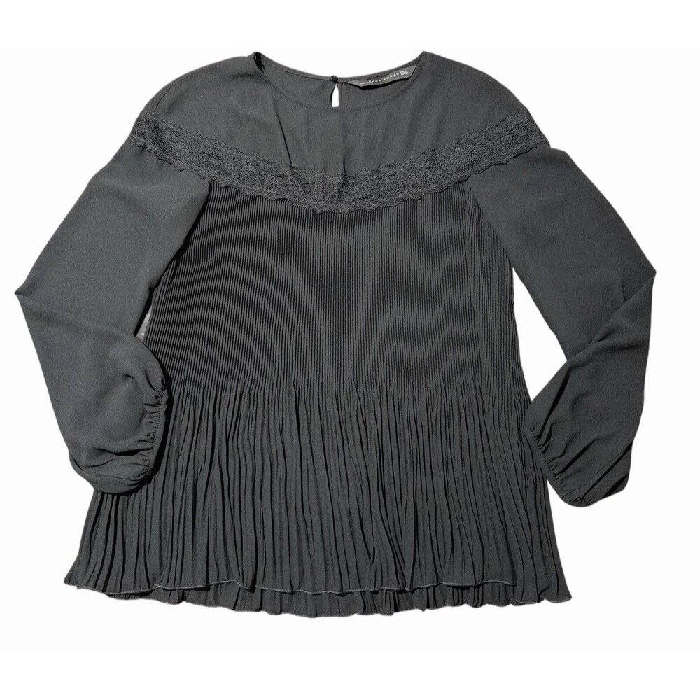 Zara Woman Black Pleated Lace Blouse Long Sleeve Flowy‎ Top Size S Chic Stretch